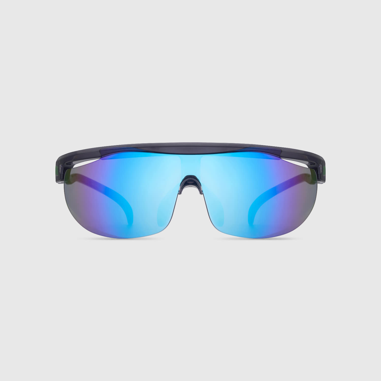 Blue Elephant GLENDA sporty sunglasses in violet crystal, rimless shield frame with blue mirrored lens